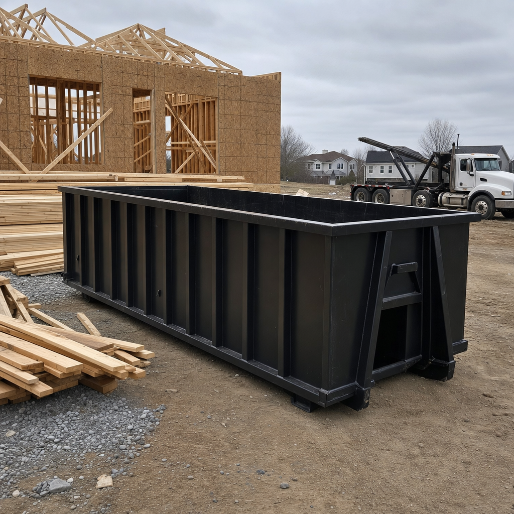 Matte-black 40-yard roll-off dumpster staged on a framed-out residential construction site in Provo, framing lumber stacked nearby, hooklift delivery truck visible in the background under bright Colorado daylight