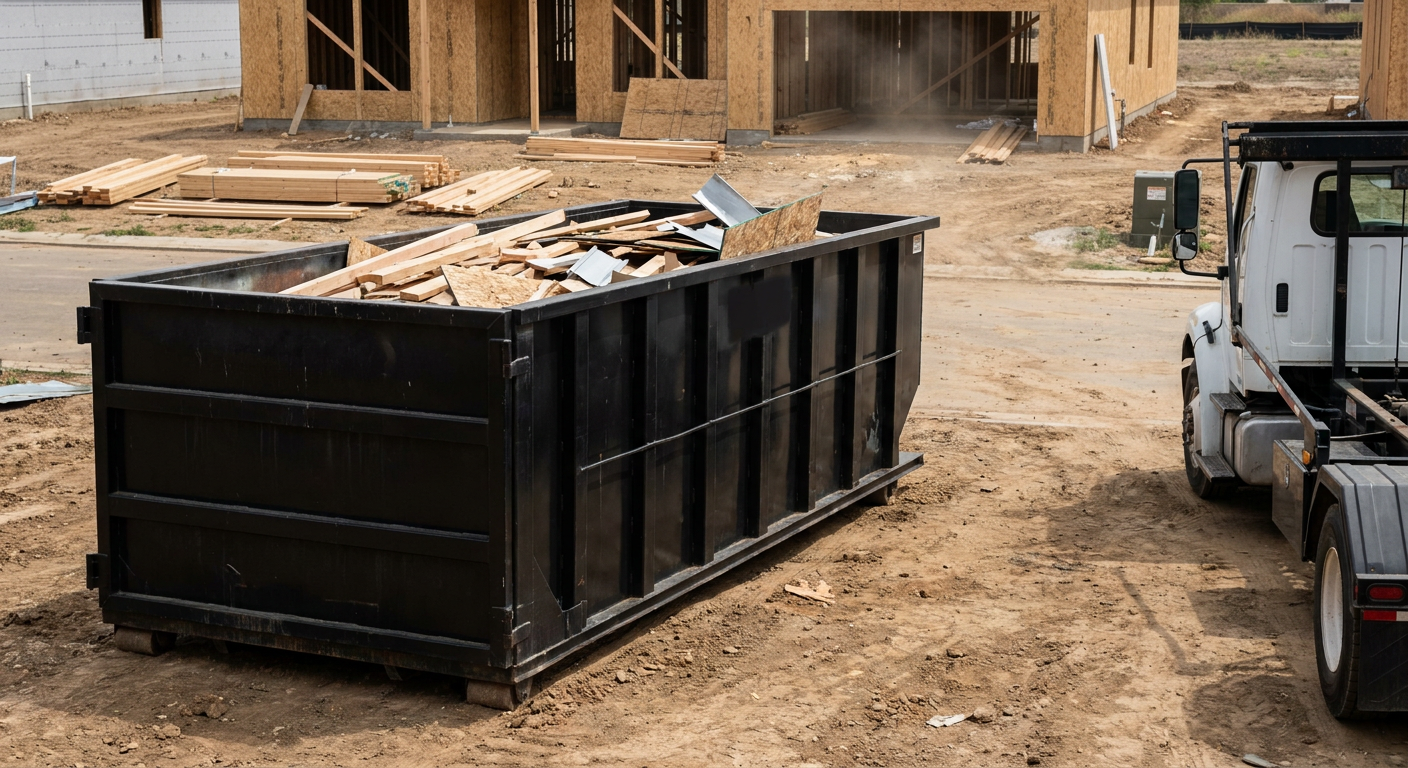 Matte-black 20-yard roll-off construction dumpster with heavy ribbed steel sidewalls and swing rear doors at a working jobsite in Provo, sitting directly on compacted dirt with an unmarked white hauler partially visible at the far edge of the frame.