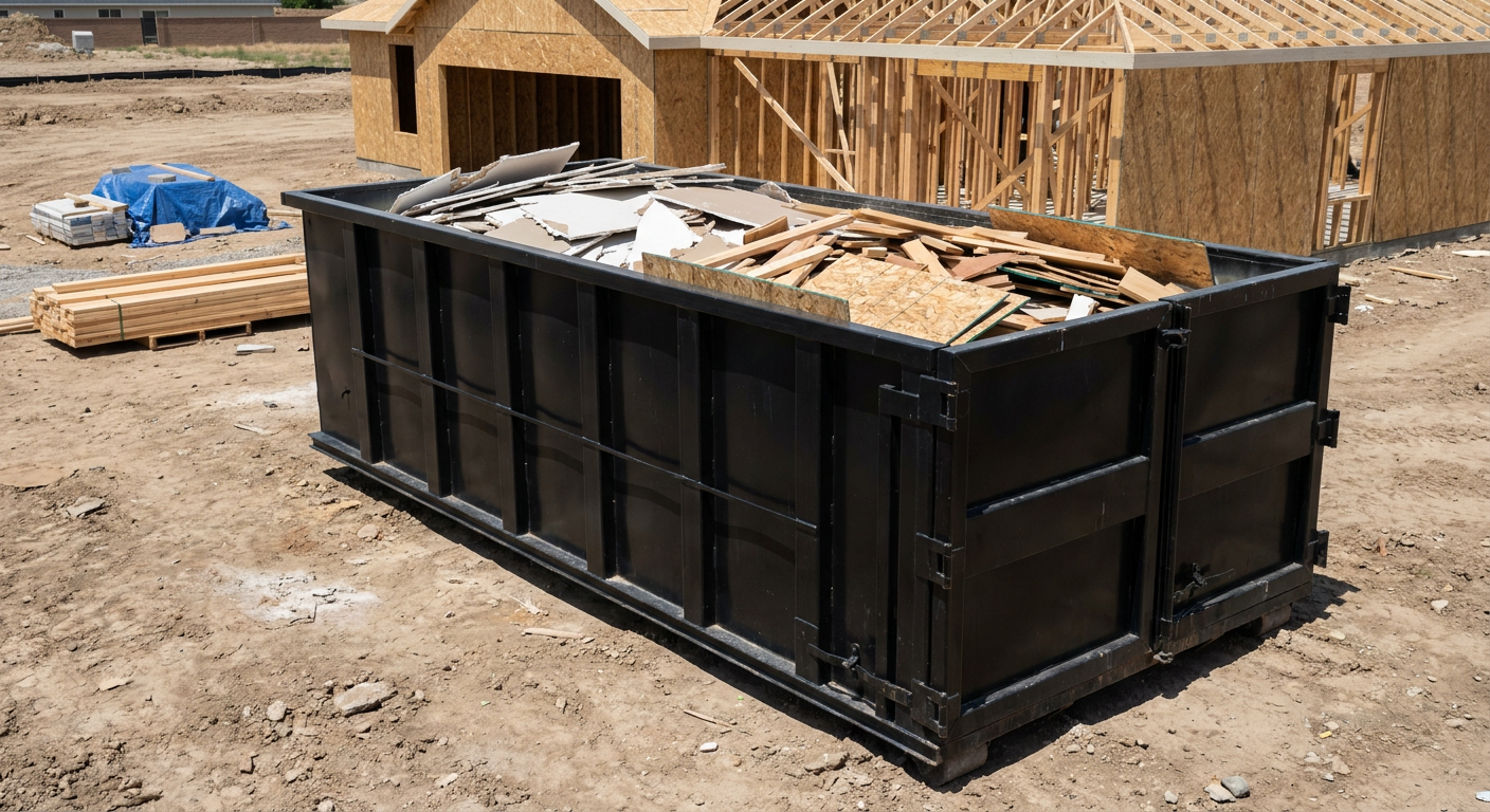Matte-black 30-yard roll-off construction dumpster sitting directly on the compacted-dirt site of a framed single-family home build in Provo, drywall and lumber scrap loaded inside.