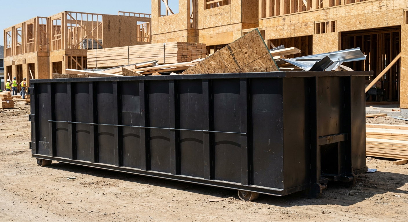 Matte-black 40-yard roll-off construction dumpster being lowered from a white-cab hooklift delivery truck onto the compacted-dirt jobsite at a commercial build site in Provo