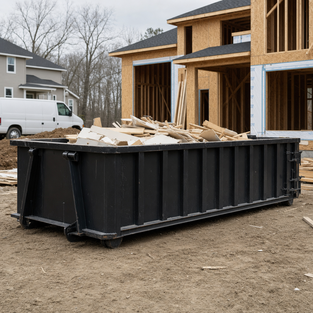 Worker in a yellow high-visibility vest tossing framing lumber and broken drywall into a matte-black 30-yard construction roll-off dumpster on an active build site in Provo, bright daylight