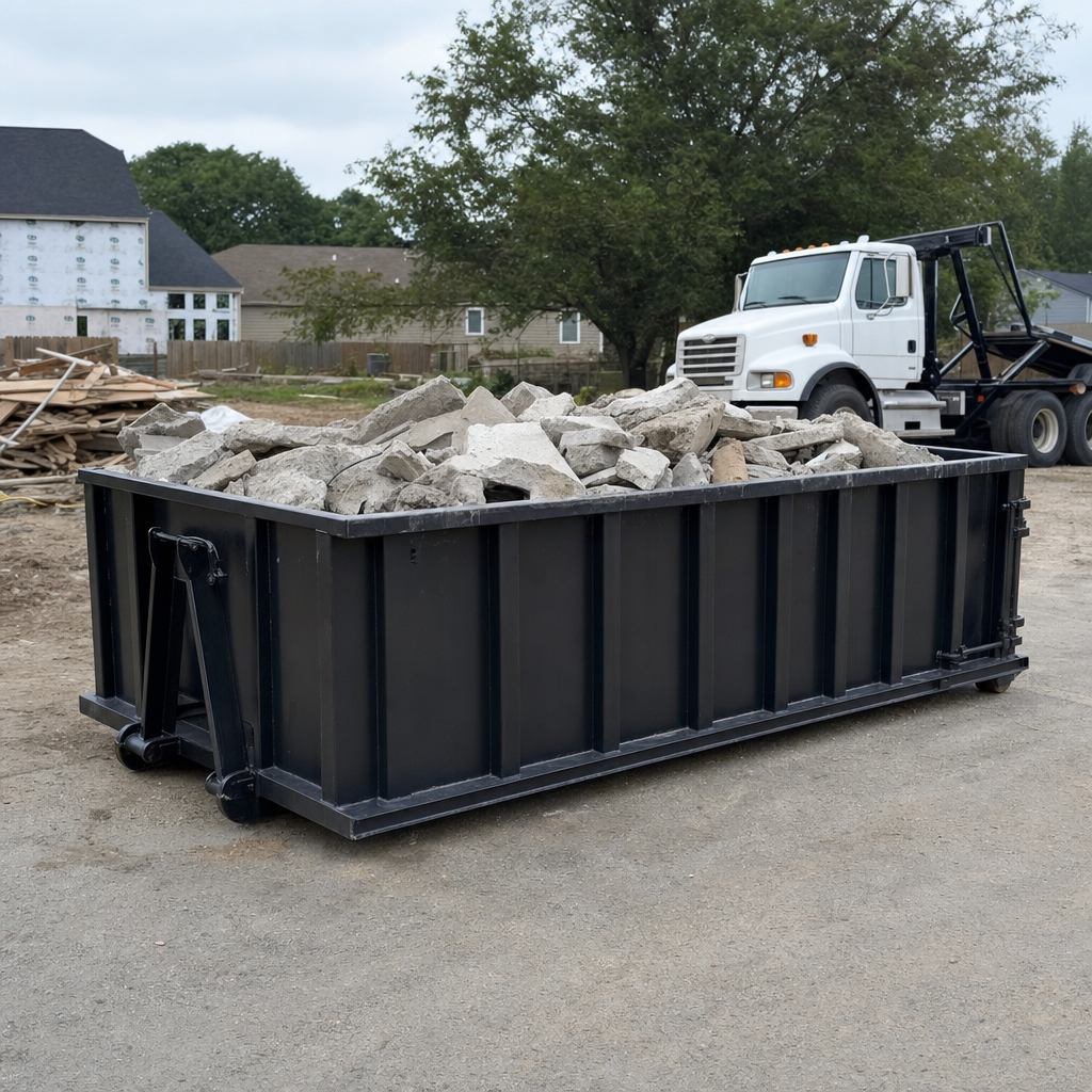 Low-profile matte-black lowboy roll-off dumpster loaded with broken concrete slab and rebar at a foundation tear-out in Provo, skid steer parked beside it, sunny Colorado morning