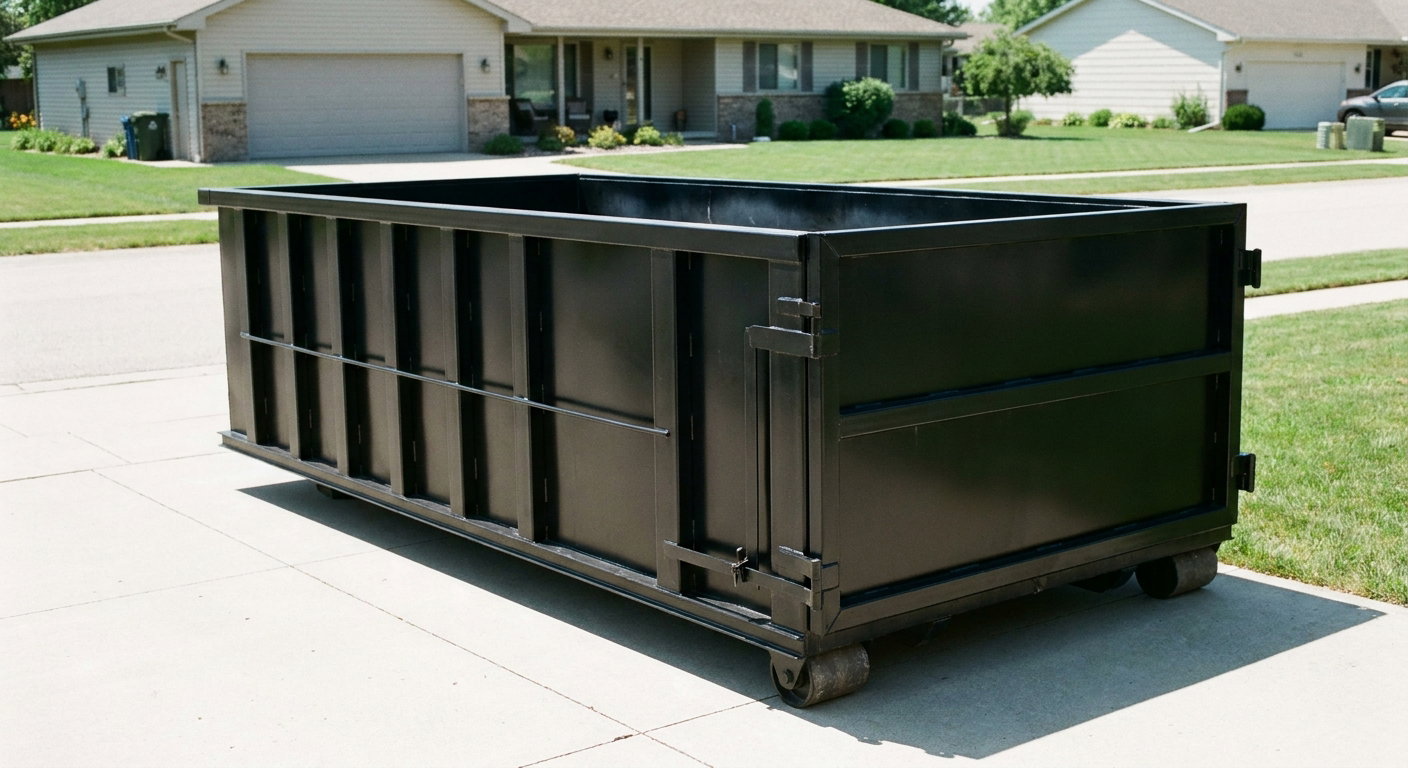 Matte-black 10-yard roll-off dumpster on a residential concrete driveway in Provo, uniformly painted matte black across every panel and rail, ribbed steel sidewalls and rear swing door visible, mid-day daylight.