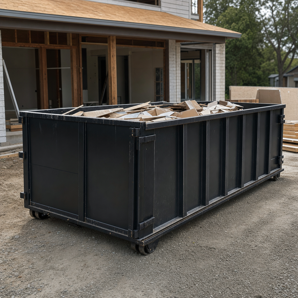 Large matte-black 30-yard construction roll-off dumpster at an active Provo jobsite, steel-gray top rails and bottom rollers visible, loaded with construction debris.