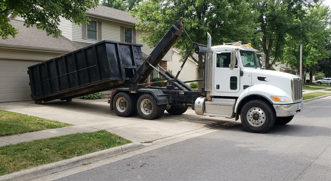 White-cab hooklift roll-off truck actively lowering a matte-black dumpster onto a Provo residential concrete driveway, the dumpster's rear wheels touching the driveway as the hoist arm tilts the bed forward, mid-morning daylight.