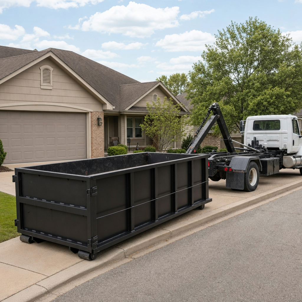 Wide documentary shot of a matte-black roll-off dumpster on a Provo residential driveway in the foreground and a contractor jobsite container in the soft-focus background, bright daylight, calm and orderly composition.