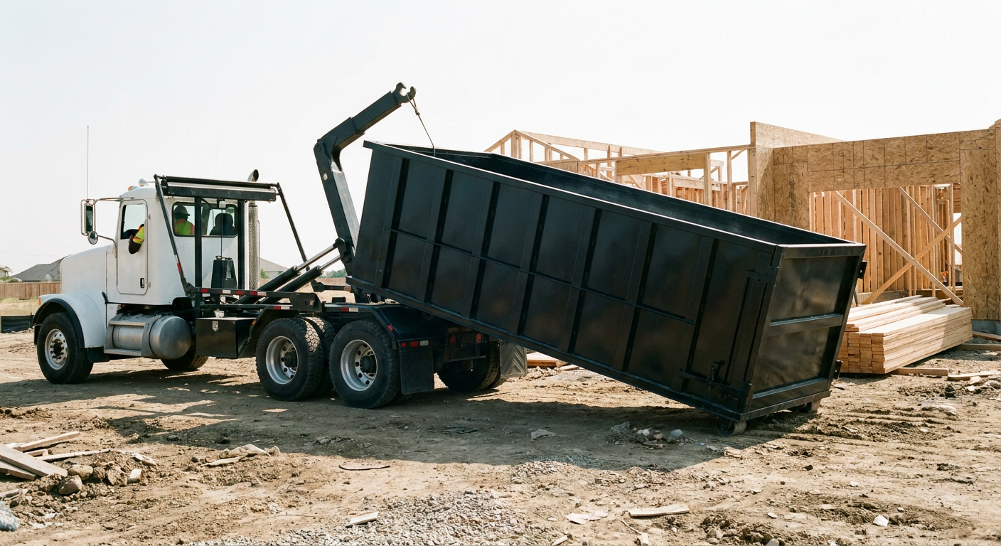 Matte-black roll-off dumpster being delivered onto a clean residential concrete driveway in Provo by an unmarked white hooklift hauler truck, bright morning daylight, documentary 35mm perspective.