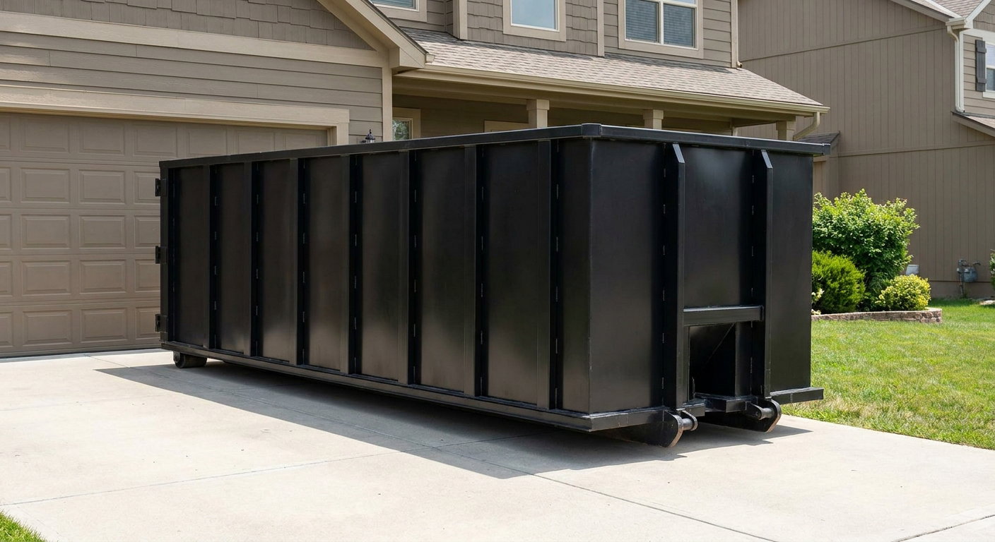 Matte-black residential roll-off dumpster sitting directly on a suburban Provo concrete driveway, garage door closed, single-family home in background, bright morning daylight.