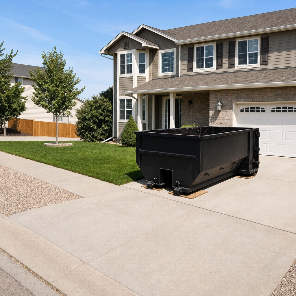 10-yard matte-black residential dumpster placed directly on a narrow Provo concrete driveway, room remains for a parked sedan beside it, mid-morning natural light