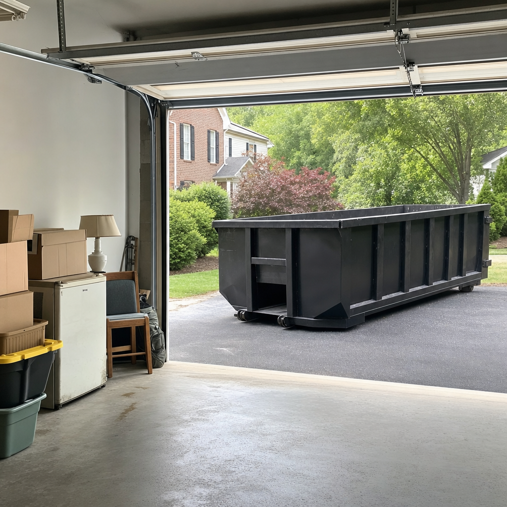 Open garage interior in a Provo home mid-cleanout — boxed items, an old appliance, and stacked yard tools queued near the driveway for a matte-black roll-off dumpster, organized and calm
