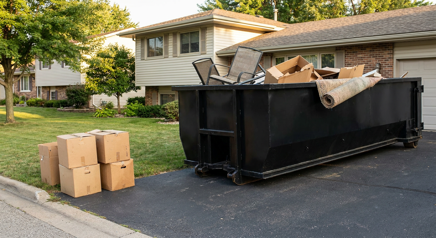 Front-yard view of a Provo split-level home with a 20-yard matte-black roll-off dumpster sitting directly on the asphalt driveway, a few clearly labeled donation boxes staged at the curb, calm sunny afternoon.