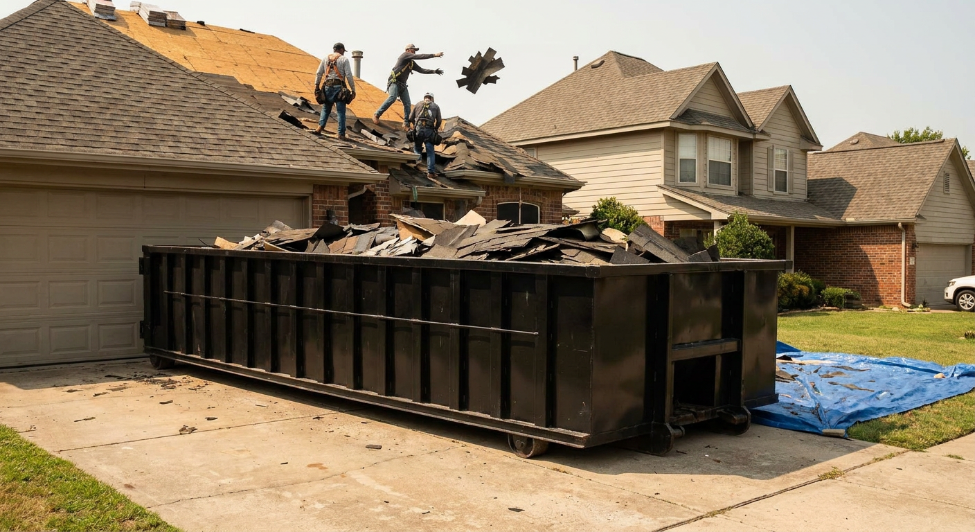 Matte-black roofing roll-off dumpster placed directly on a Provo residential concrete driveway, a tear-off crew on a two-story asphalt-shingle roof tossing shingle bundles into the low-walled container, bright daylight, documentary 35mm perspective.