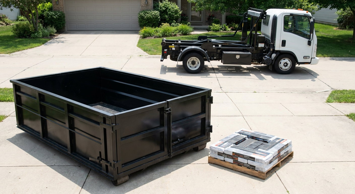 Matte-black 15-yard roofing roll-off dumpster with reinforced low side walls sitting directly on a Provo residential concrete driveway, three-tab asphalt shingle bundles stacked nearby, an unmarked white hauler truck partially visible at the edge of the frame.