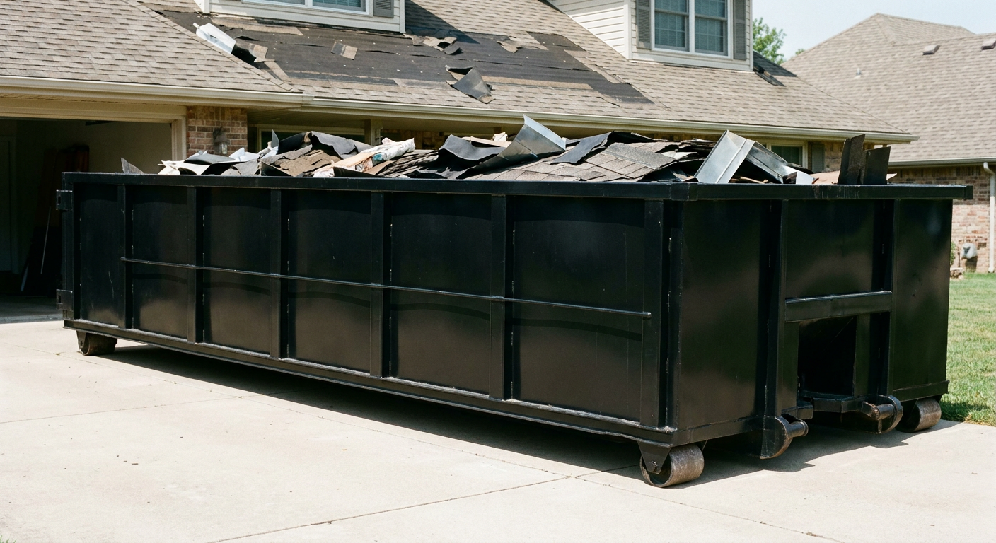 Matte-black 20-yard roofing roll-off dumpster with steel ribbed sides and swinging rear door, sitting directly on the concrete driveway of a two-story Provo home, asphalt shingle debris being loaded over the low wall, clean documentary lighting.