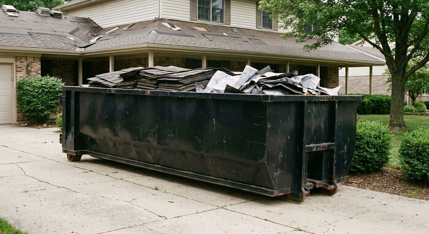 Matte-black 30-yard roofing roll-off dumpster sitting directly on a Provo concrete driveway, taller ribbed steel side panels, mixed tear-off debris of asphalt shingles and underlayment inside, professional documentary daylight.