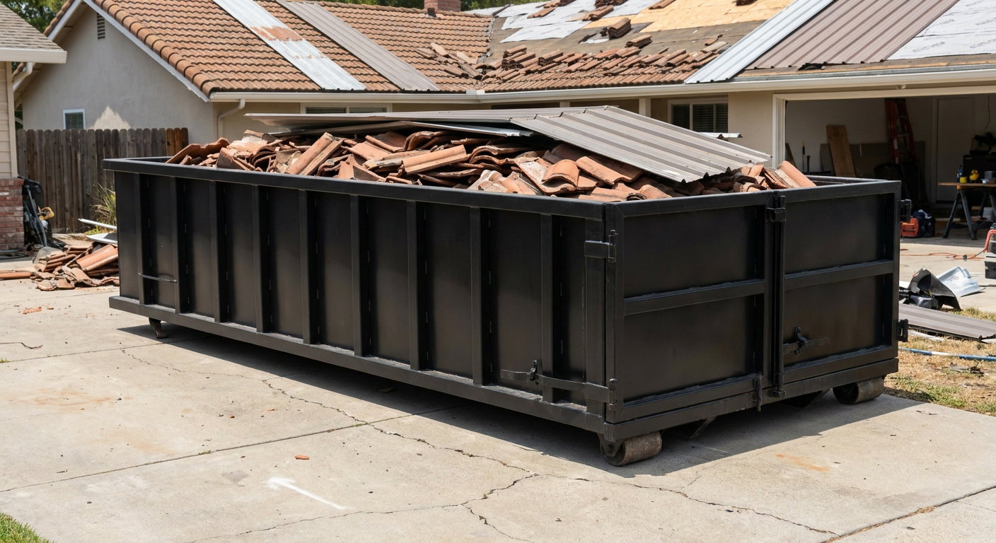 Matte-black low-wall heavy-debris roofing roll-off dumpster sitting directly on a Provo concrete driveway, broken concrete clay roof tiles and metal panel sections loaded inside, reinforced ribbed steel side walls visible, bright outdoor daylight.