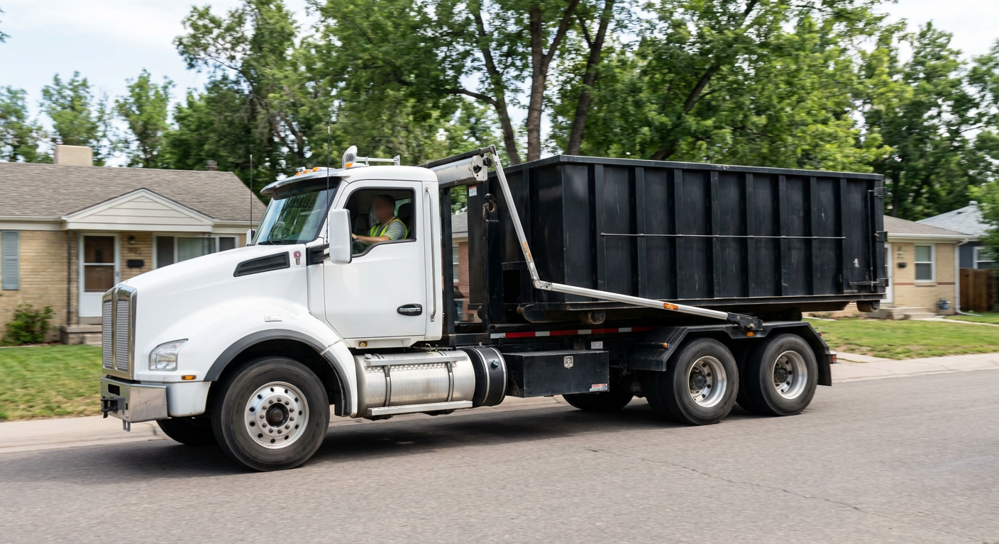 A wide documentary shot of a matte-black roll-off delivery truck pulling onto a quiet Provo residential street at mid-morning, with neighborhood rooftops and tree-lined blocks visible behind, showing the metro coverage footprint.