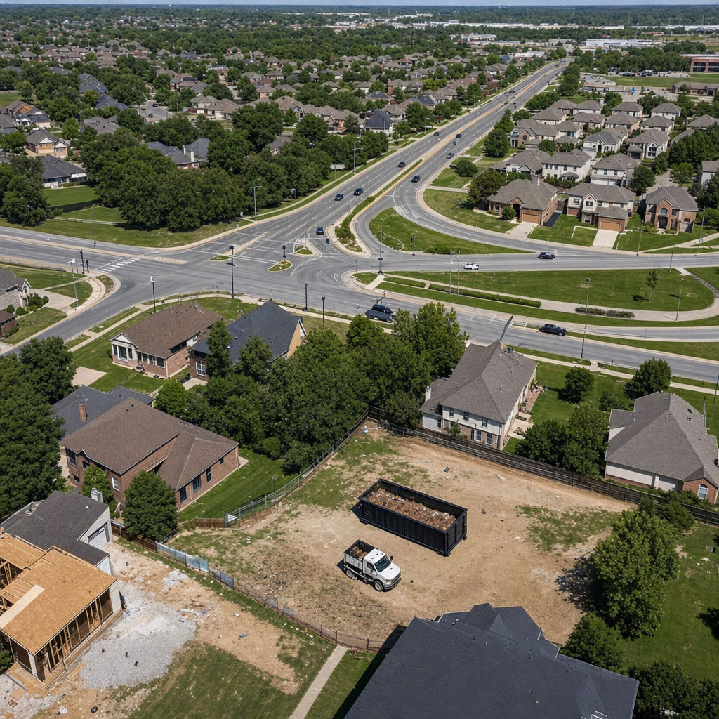 An overhead documentary view of the Provo metro area at midday, showing the spread of neighborhoods, arterial roads, and the dispatch radius from a central yard — clean daylight, organized geographic layout.