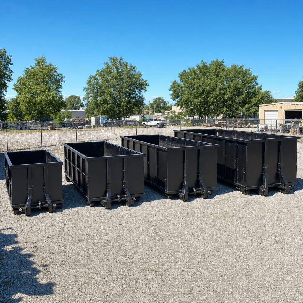 A clean lineup of matte-black roll-off dumpsters in 10, 20, 30, and 40-yard sizes staged on a sunlit gravel yard in Provo, showing the size progression from compact to commercial-scale containers.