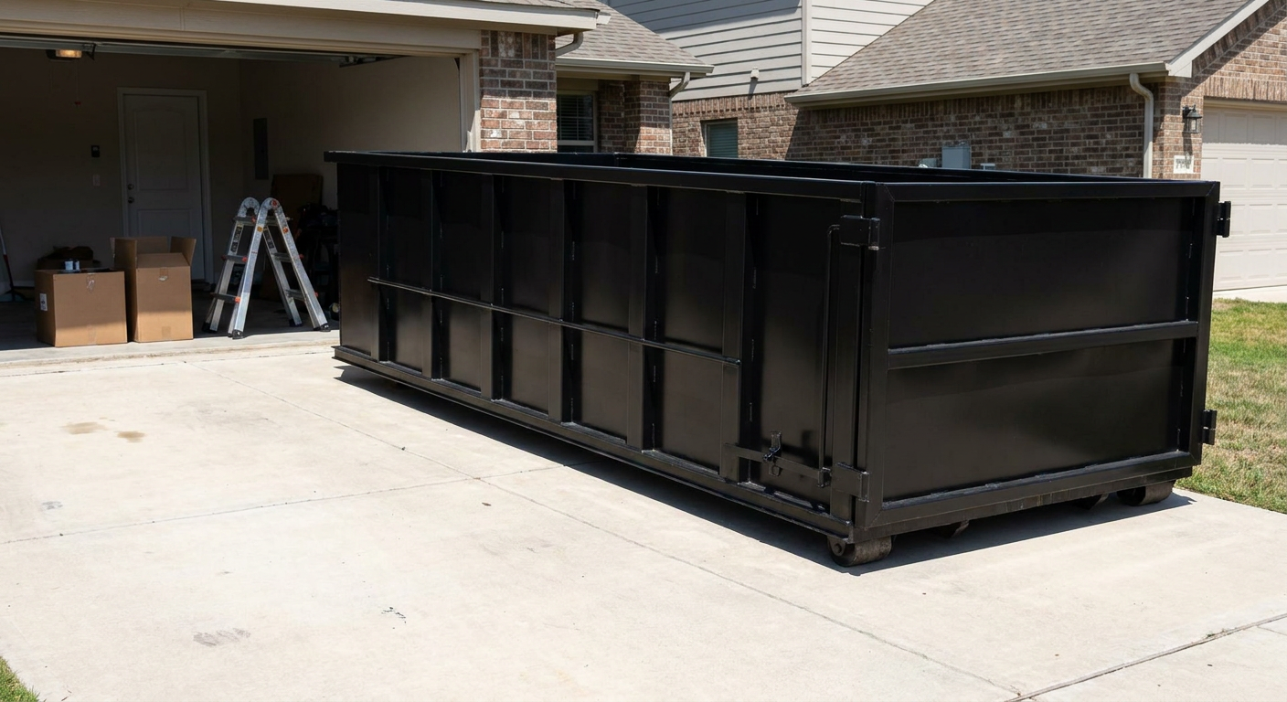 A matte-black 10-yard roll-off dumpster sitting directly on a residential Provo concrete driveway, mid-day sunlight, clean and ready for a garage cleanout.