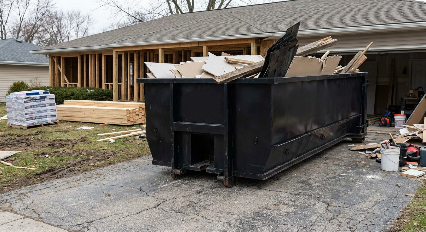 A matte-black 20-yard roll-off dumpster placed alongside a mid-renovation Provo home directly on the asphalt driveway, with framing materials and torn-off shingles staged neatly nearby.