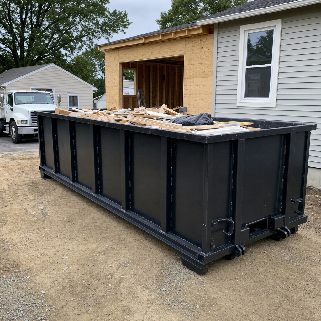 A matte-black 30-yard roll-off dumpster positioned at a Provo residential addition jobsite, with framing lumber and drywall scraps loaded through the open swinging rear doors.