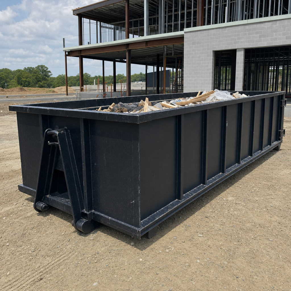 A matte-black 40-yard roll-off dumpster staged on a large Provo commercial construction lot, with a hooklift delivery truck parked alongside under bright midday sky.