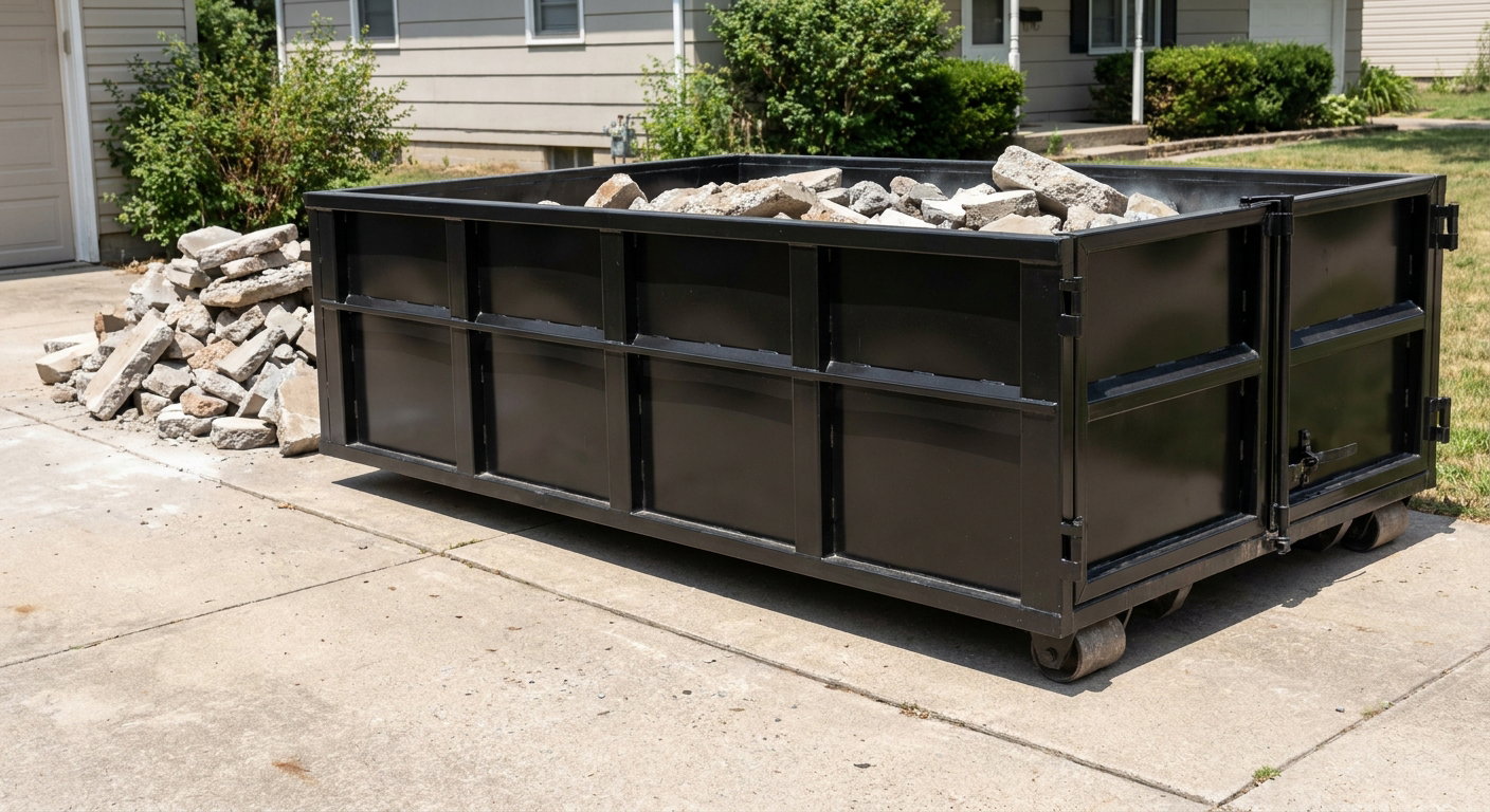 A matte-black low-side heavy-debris roll-off dumpster placed directly on a Provo concrete driveway, with broken concrete chunks neatly stacked beside it under clean daylight.